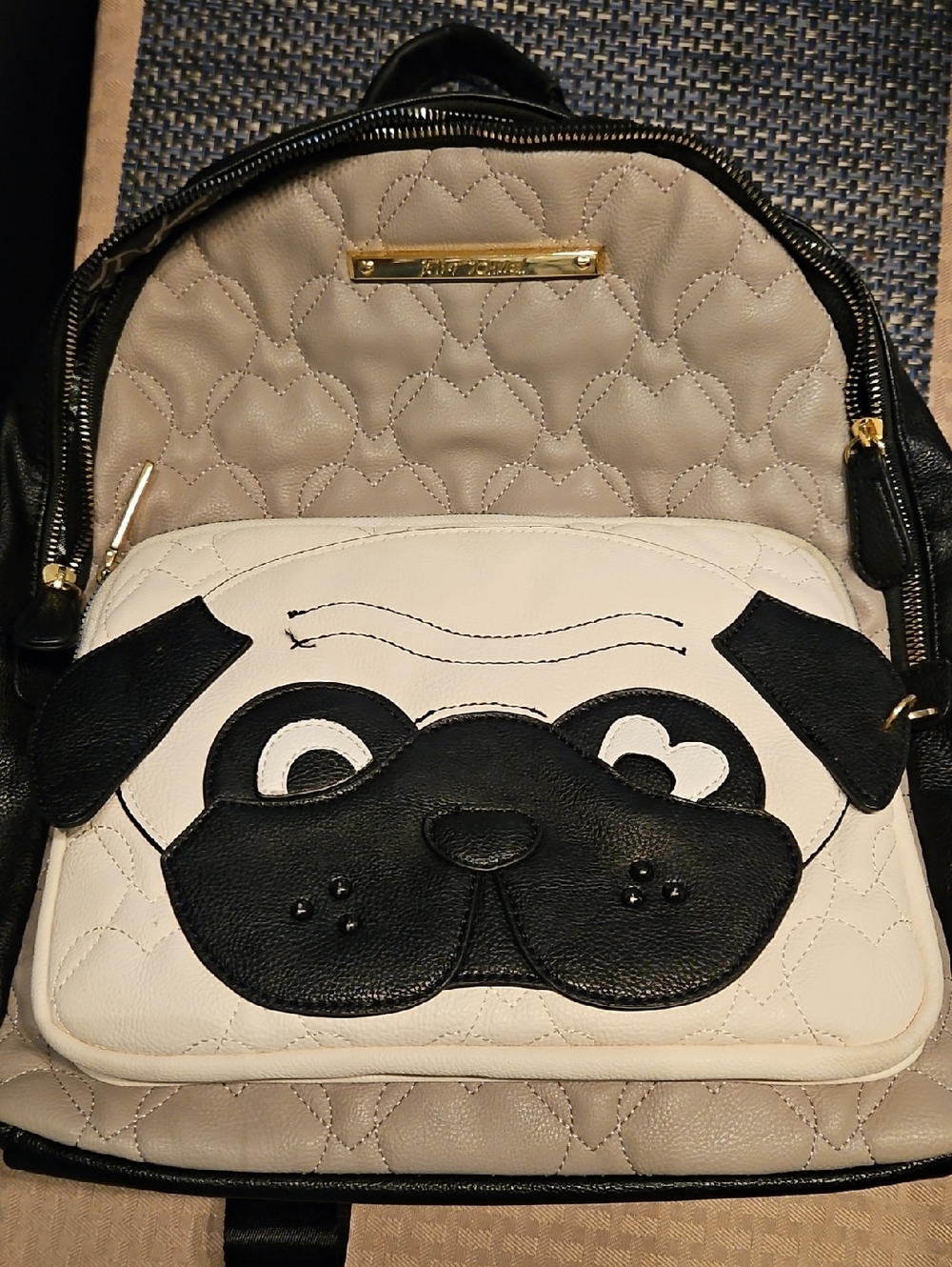 Betsey Johnson White and Black Quilted Pug Pocket Backpack
